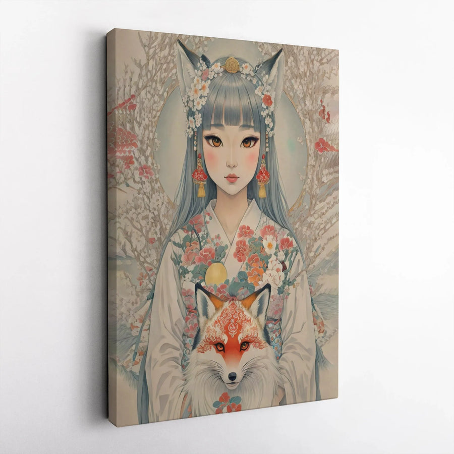 Kitsune Fox Spirit Canvas Print | Japanese Watercolor Anime Art | Premium Gallery Wrapped Canvas | Otaku Bedroom Decor Gift