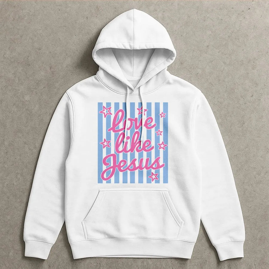 Love Like Jesus Hoodie | Retro Striped Christian Graphic | Cozy Cotton Blend Pullover | Faith Based Apparel Gift for Women