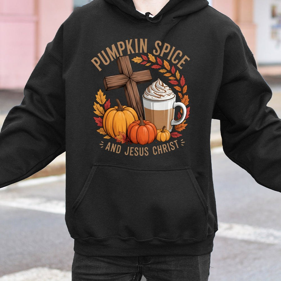Pumpkin Spice And Jesus Christ Hoodie | Religious Autumn Faith Sweatshirt | Premium Cotton-Poly Blend | Christian Fall Gift For Women And Men