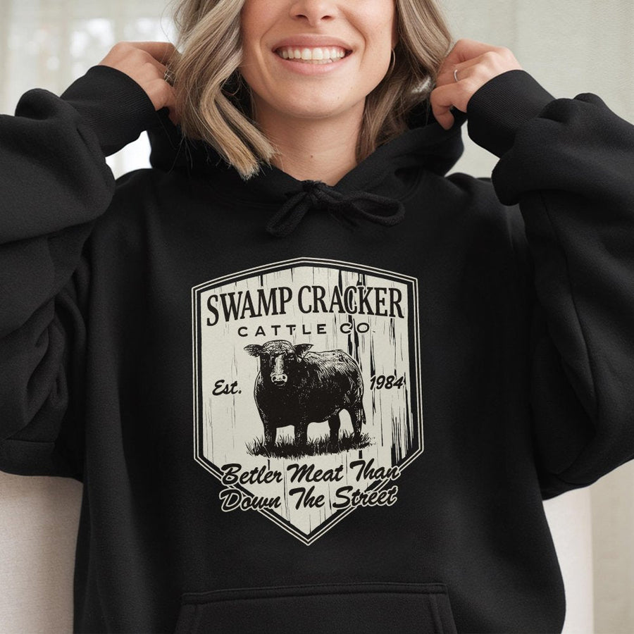 Swamp Cracker Cattle Co Hoodie | Funny Beef Farm Graphic Logo | Premium Cotton Blend Apparel | Unique Rancher Farmer Gift Idea