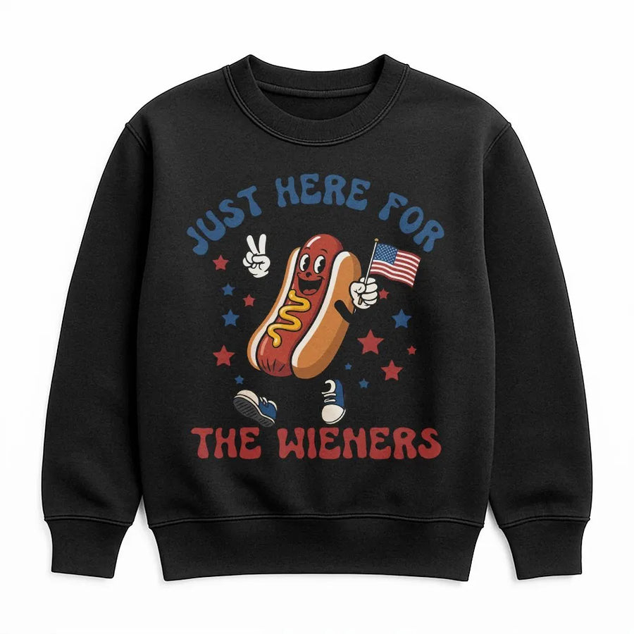 Funny 4th of July Sweatshirt | Just Here For The Wieners Slogan | Premium Soft Cotton Blend | Patriotic BBQ Party Gift for Men & Women