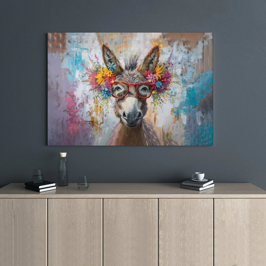 Donkey Wall Art Canvas | Whimsical Animal Portrait With Red Glasses And Flower Crown | Premium Gallery Wrap | Unique Farmhouse Home Decor Gift