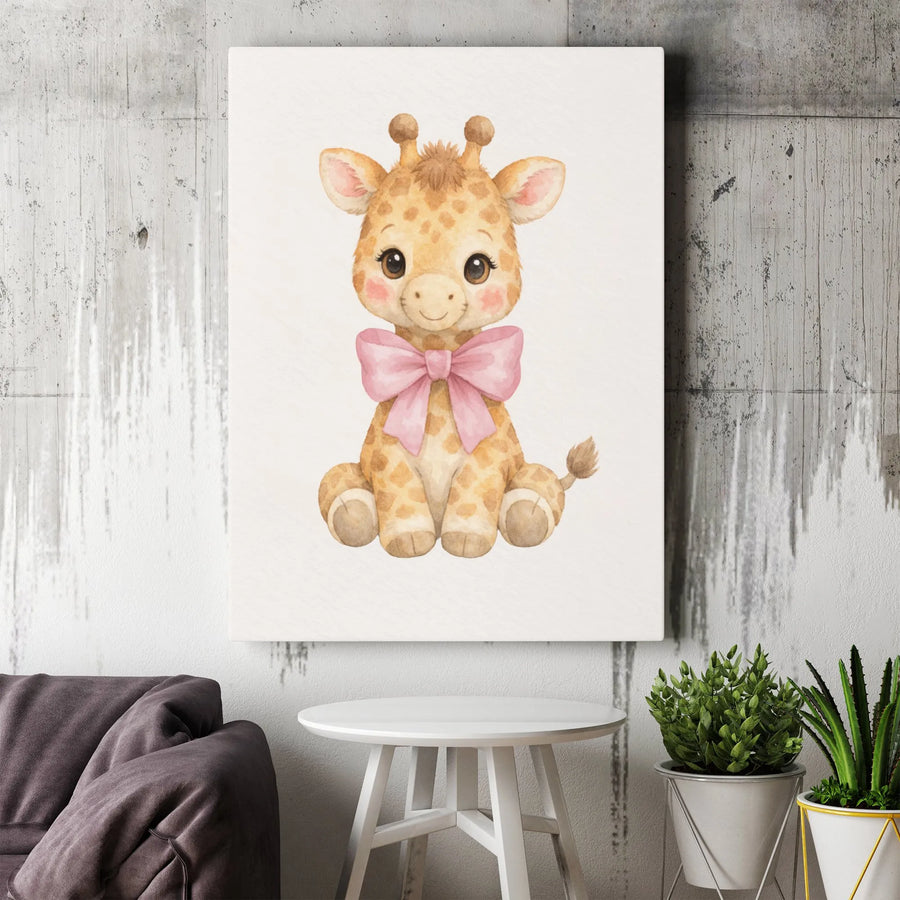 Baby Giraffe Canvas Print | Cute Watercolor Animal with Pink Bow | Premium Gallery Wrapped Art | Safari Nursery Decor Gift for Girl