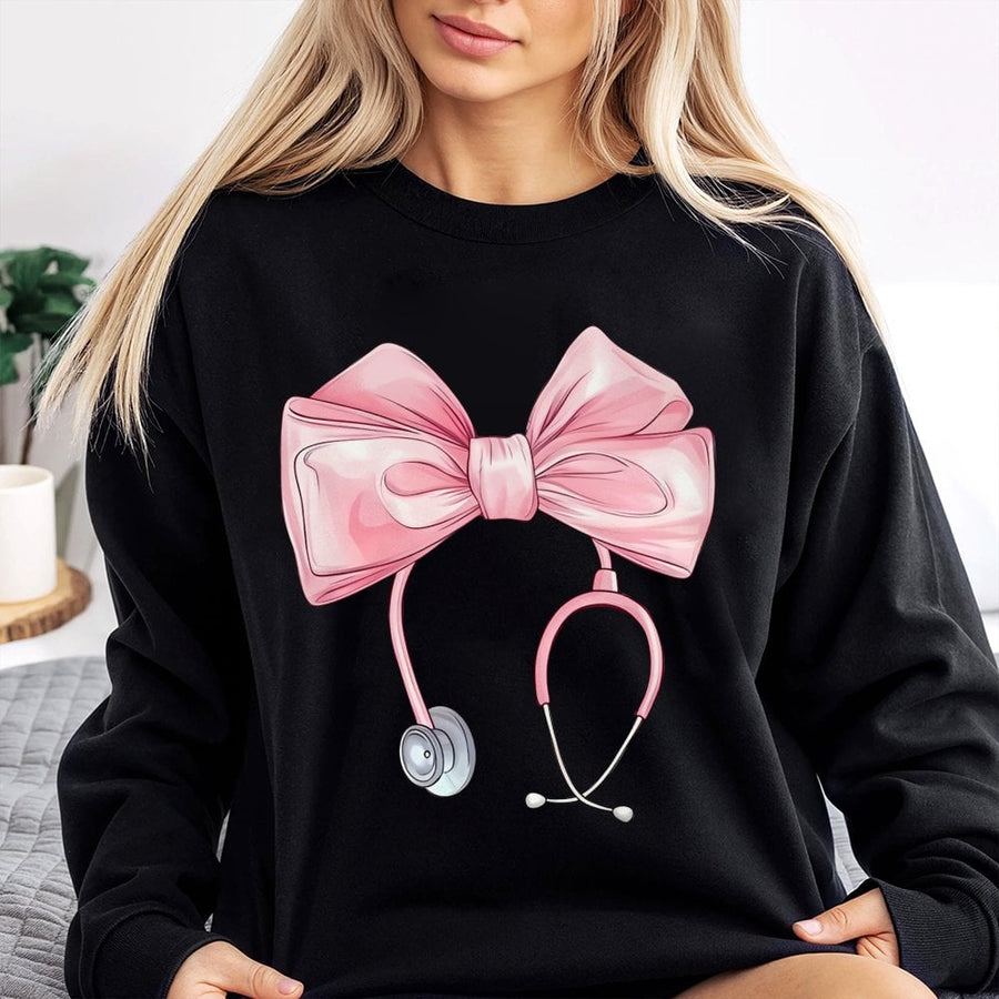Nurse Stethoscope Sweatshirt | Coquette Pink Bow Graphic | Premium Cotton Blend | Aesthetic Nurse Appreciation Gift for Nursing Student