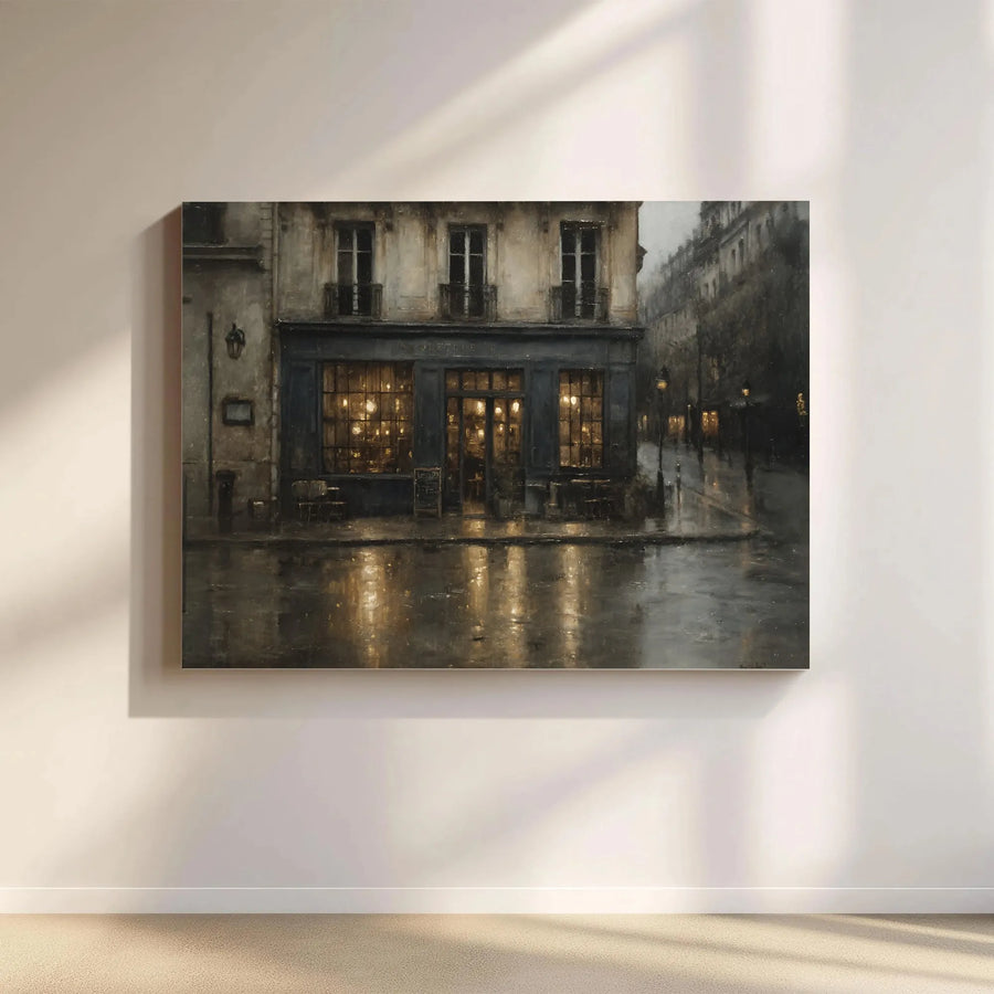 Rainy Paris Cafe Canvas Print | Moody Street Scene Wall Art | Premium 1.25 inch Gallery Wrap | Romantic Home Decor Gift