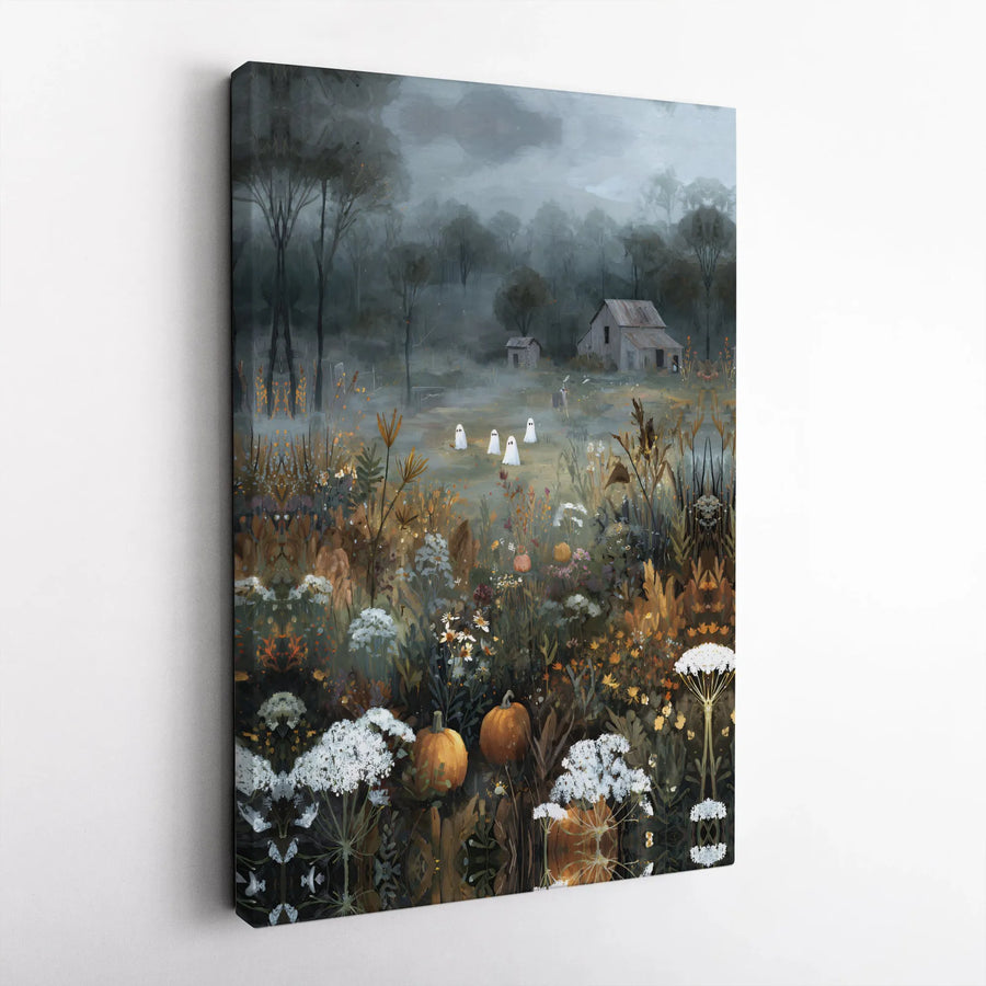 Halloween Ghost Canvas Art | Rustic Pumpkin Patch Wildflower Print | Premium Gallery-Wrapped Decor | Spooky Farmhouse Wall Decor For Fall