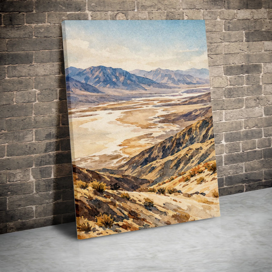 Desert Landscape Vertical Canvas | Watercolor Mountain Valley Art | Premium Gallery Wrapped Print | Rustic Home Decor Gift