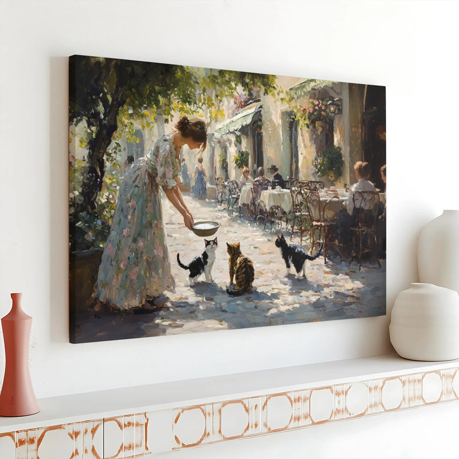 Cafe Scene Canvas Wall Art | Impressionist Woman Feeding Cats Painting | Premium Gallery Wrap Print | Charming French Bistro Gift for Cat Lovers