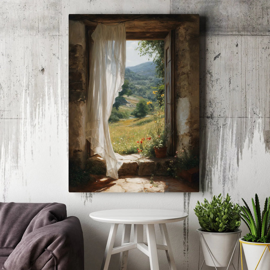 Rustic Window View Canvas Print | Vintage Italian Countryside Painting | Premium Fade-Resistant Canvas | Farmhouse Living Room Wall Decor Gift