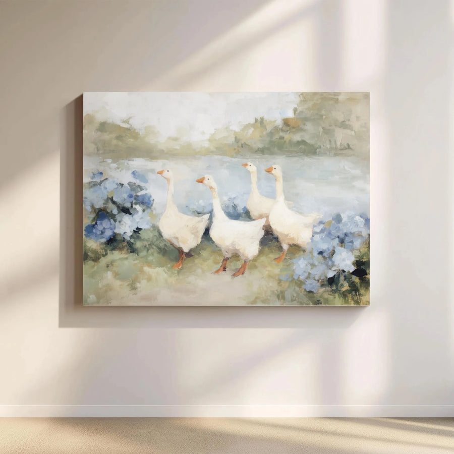 Vintage Geese Canvas Wall Art | Impressionist Country Landscape Painting | Premium Gallery Wrapped Print | Farmhouse Kitchen & Living Room Decor Gift