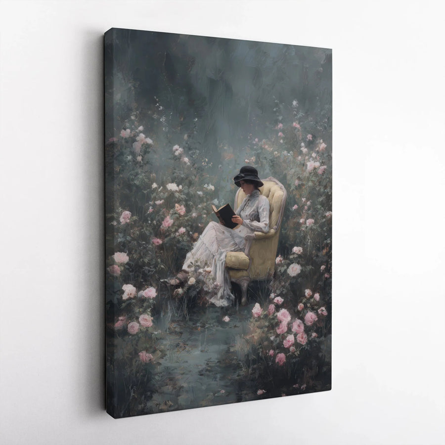 Victorian Woman Reading Canvas Wall Art | Moody Rose Garden Portrait | Premium Fade-Resistant Print | Elegant Gift for Book Lovers & Home Decor