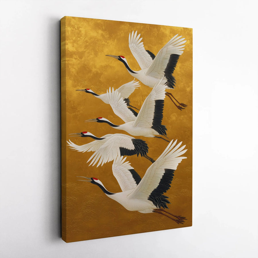 Japanese Red-Crowned Crane Canvas Wall Art | Gold Background Oriental Print | Premium Gallery Wrapped Decor | Traditional Asian Home Living Room Gift