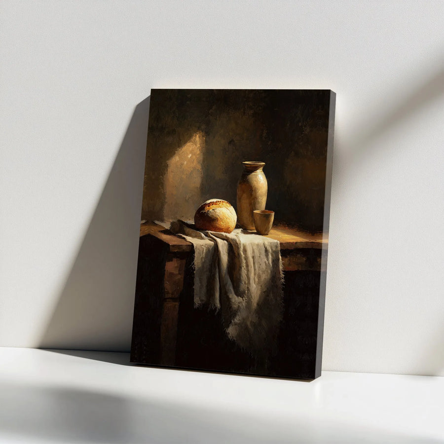 Eucharist Still Life Canvas Wall Art | Christian Bread and Wine Painting | Premium Gallery Wrapped Canvas | Spiritual Home Decor Gift