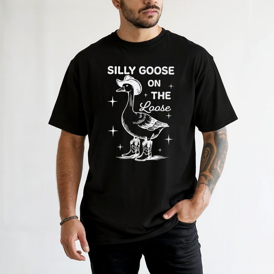 Silly Goose On The Loose T-Shirt | Cowboy Goose With Boots Design | Premium 100% Cotton Apparel | Funny Animal Humor Gift For Men And Women