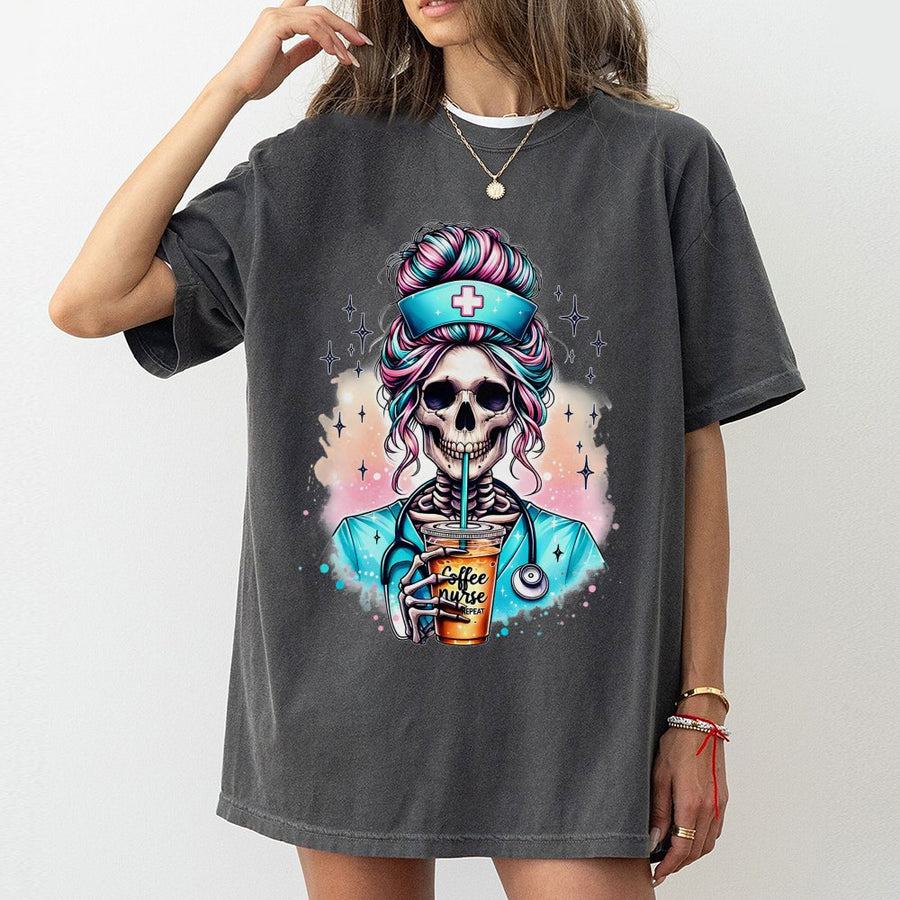 Nurse T-Shirt | Skeleton Iced Coffee Nurse Graphic | 100% Soft Cotton Premium Tee | Funny Medical Professional Gift for Nurses
