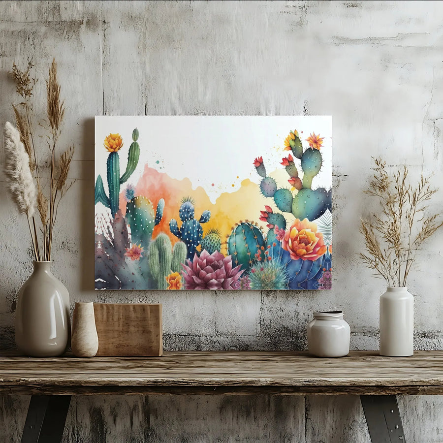 Watercolor Cactus Canvas Wall Art | Desert Succulent Garden Print | Gallery Quality Framed Canvas | Boho Home Decor Gift for Plant Lovers