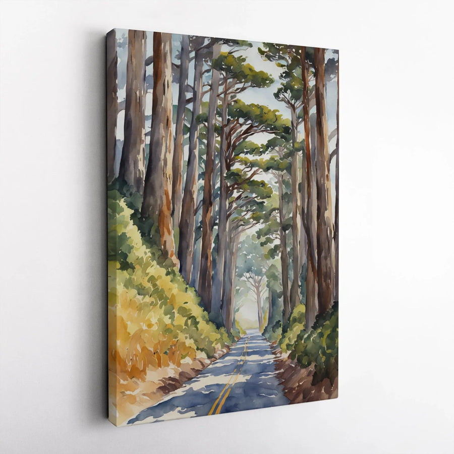 Watercolor Forest Road Vertical Canvas | Tall Trees Nature Landscape Painting | Premium 1.25" Gallery Quality Wall Art | Modern Home Living Room Decor Gift