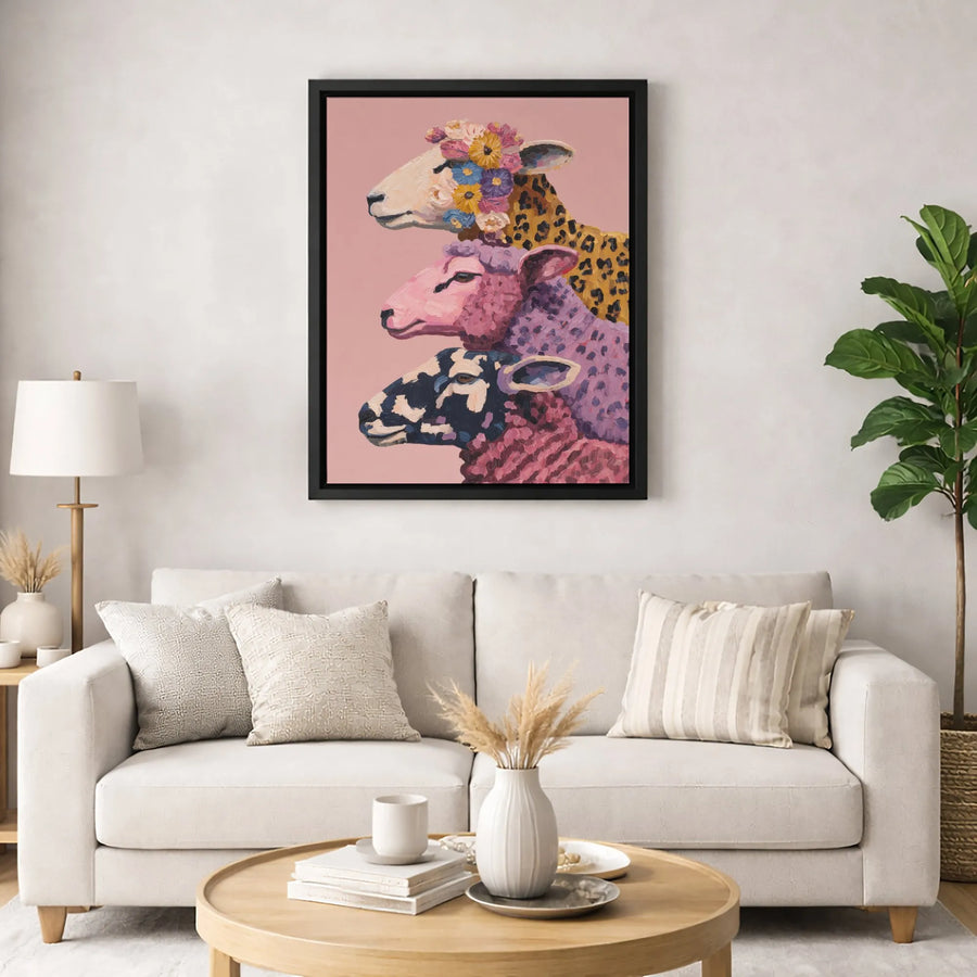 Whimsical Sheep Wall Art | Floral Crown Animal Portrait Canvas | Premium Gallery-Wrapped Print | Farmhouse Decor Gift for Animal Lovers