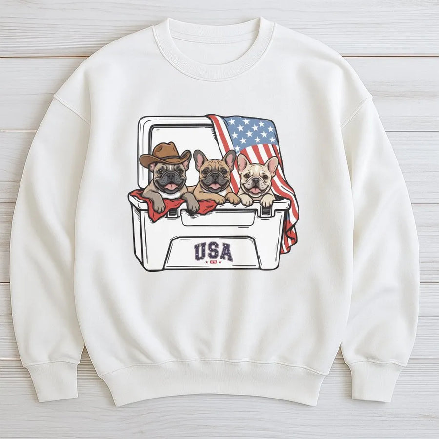 Patriotic French Bulldog Sweatshirt | USA Flag Cooler Graphic Sweatshirt | Soft Cotton Blend | America 250th Anniversary Gift for Dog Lover