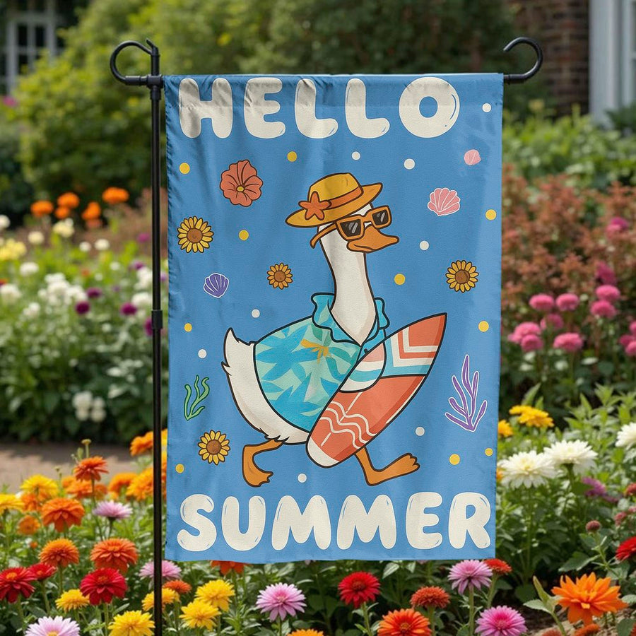 Hello Summer Garden Flag | Surfing Duck Tropical Beach Design | Premium Weather-Resistant Polyester | Vibrant Outdoor Backyard Decor Gift