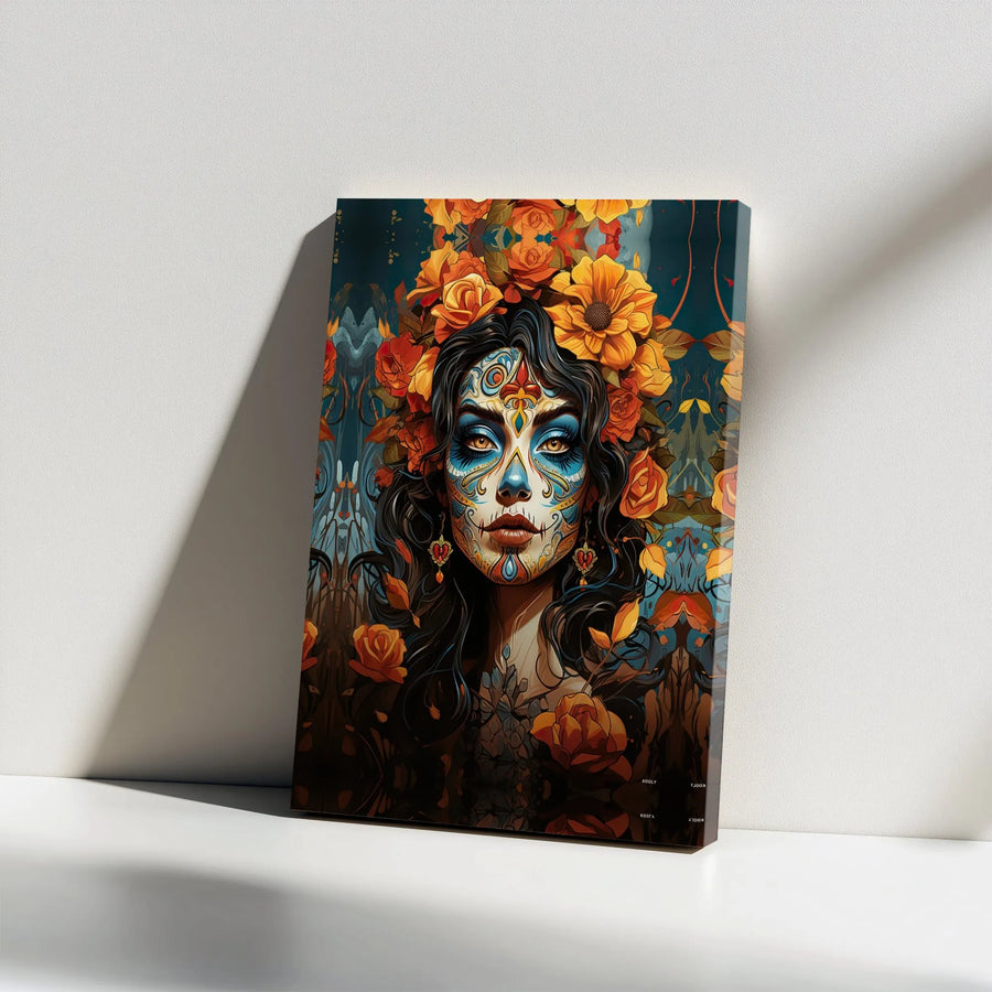 Day of the Dead Canvas Wall Art | Sugar Skull Woman with Floral Crown | Premium Gallery Wrap Print | Gothic Home Decor for Living Room