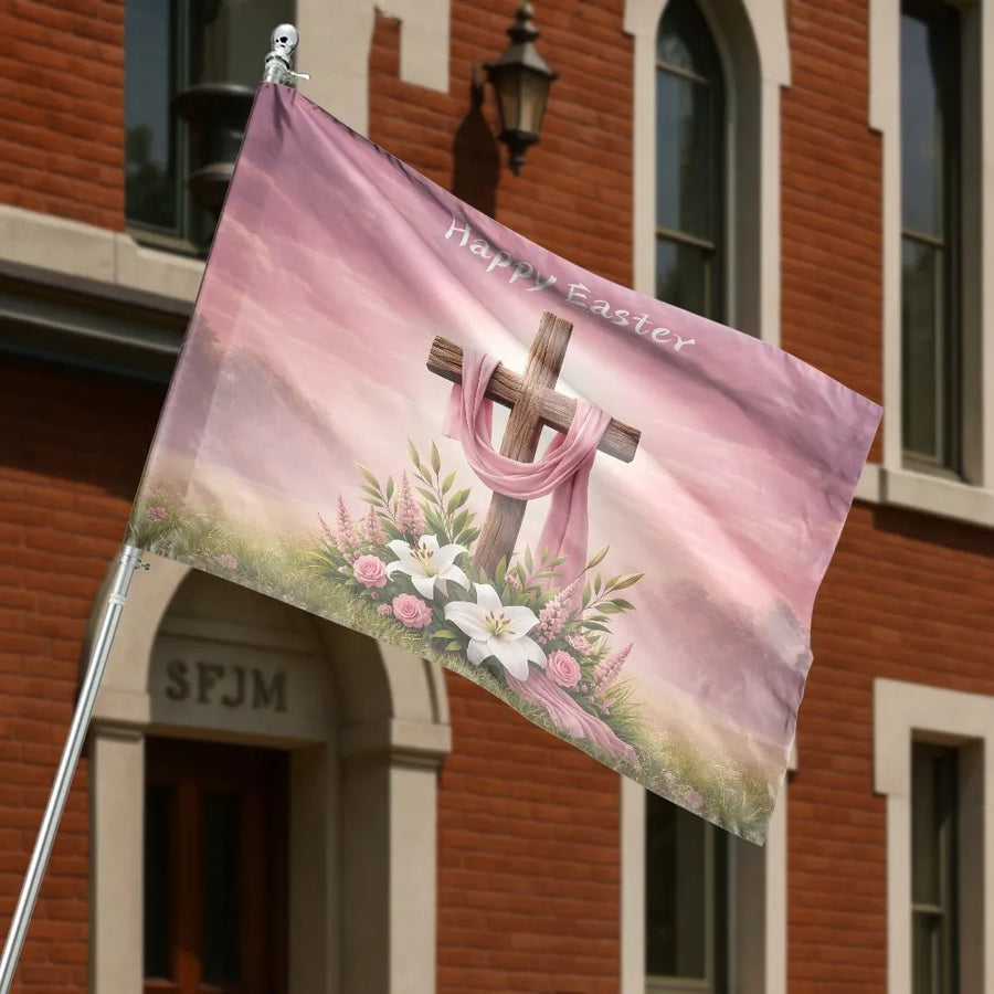Christian Easter House Flag | Happy Easter Cross with Lilies & Roses | Premium Double-Sided Polyester | Religious Outdoor Decor Gift for Church & Home