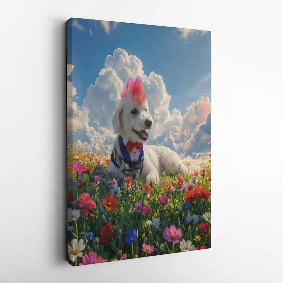 Punk Rock Poodle Canvas Wall Art | Pink Mohawk Dog in Tuxedo Print | Premium Gallery Wrapped Canvas | Unique Wall Decor Gift for Dog Lover