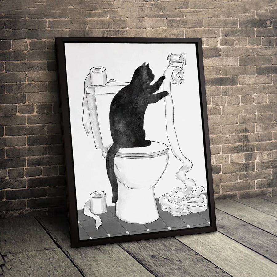 Black Cat Bathroom Wall Art | Funny Mischievous Kitten Unrolling Toilet Paper Print | 1.25 Inch Gallery Wrap Canvas | Unique Home Decor Gift for Cat Lovers