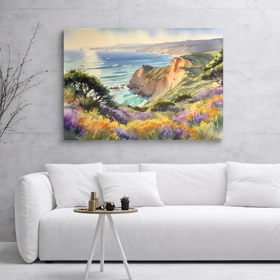 Coastal Cliffs Wall Art | Watercolor Ocean Landscape with Wildflowers | Premium Gallery Wrapped Canvas | Serene Beach Home Decor Gift
