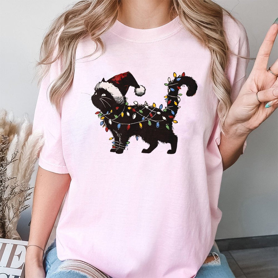 Christmas Cat T-Shirt | Black Kitten Wrapped In Holiday Lights Design | 100% Cotton Premium Tee | Funny Holiday Gift For Cat Lovers And Owners