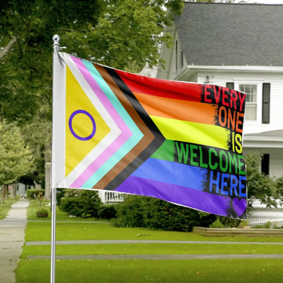 Progress Pride House Flag | Everyone is Welcome Here Double-Sided Print | UV-Resistant Polyester | LGBTQ Ally Gift & Inclusive Yard Decor