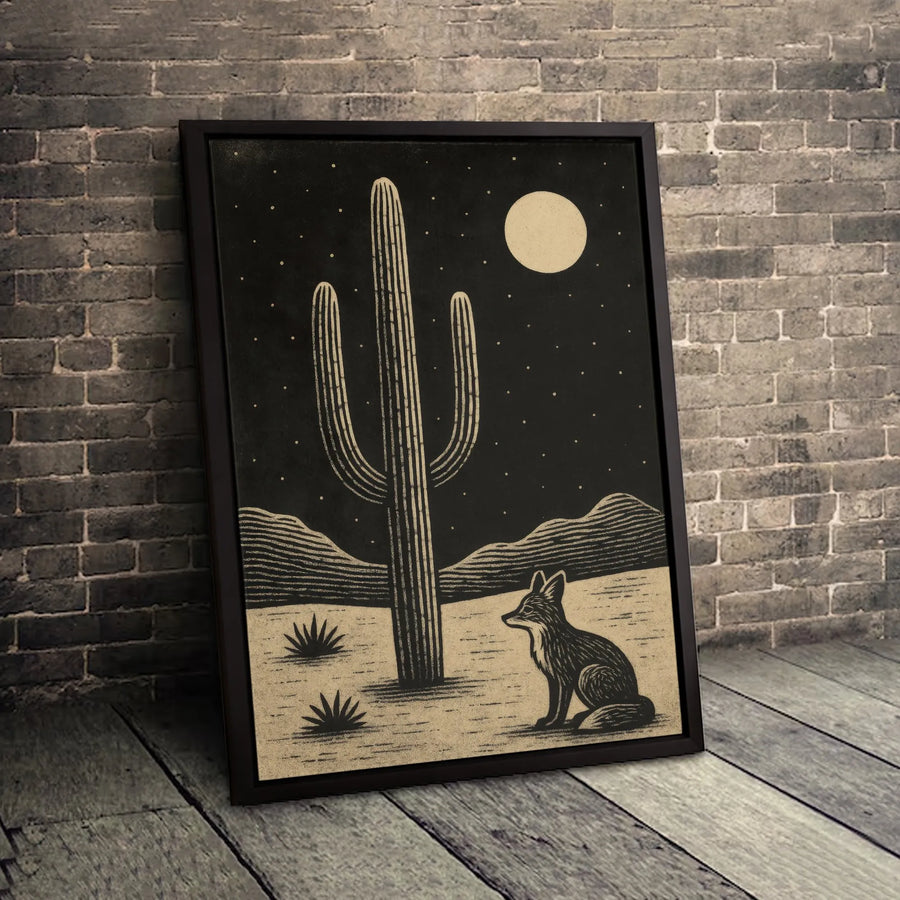 Desert Fox and Saguaro Canvas Wall Art | Linocut Style Night Landscape | Premium Fade-Resistant Gallery Wrap | Southwestern Home Decor Gift