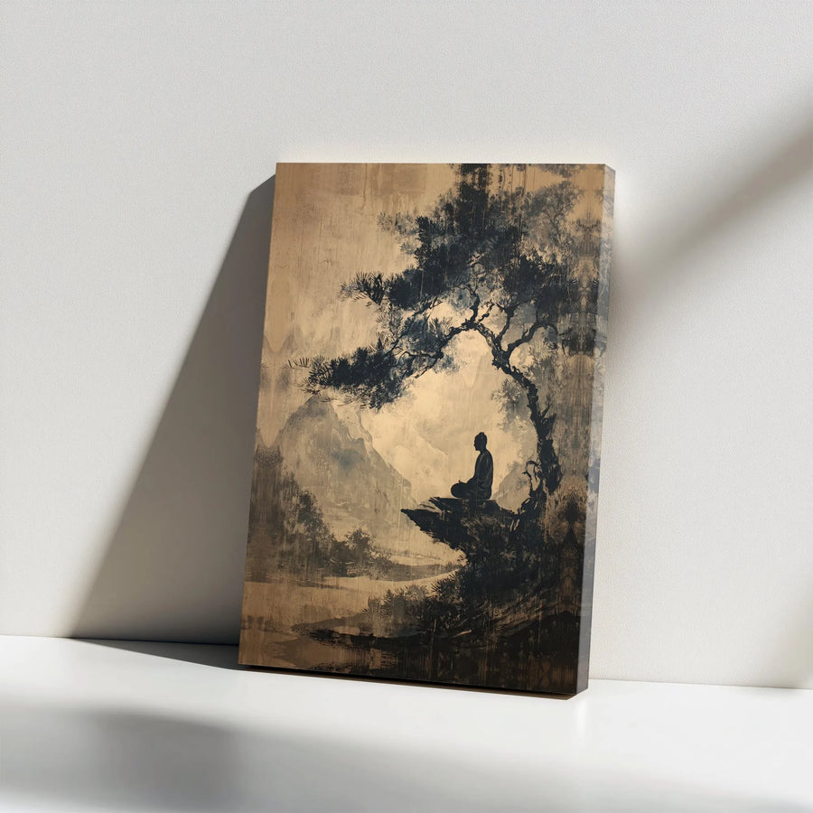 Zen Buddha Canvas Print | Vintage Ink Wash Mountain Scene | Premium Gallery Wrapped Canvas | Spiritual Home Decor Gift