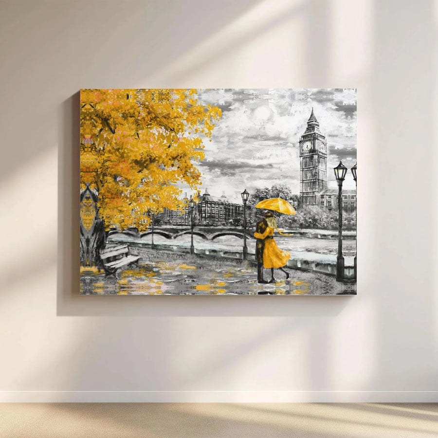 Romantic London Canvas Print | Rainy Day Couple with Yellow Umbrella | Premium Gallery Wrapped Wall Art | Anniversary Gift for Couples