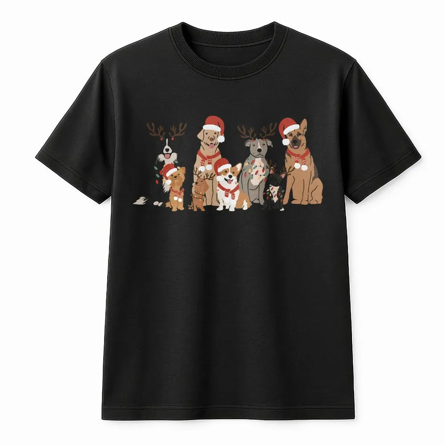 Christmas Dogs T-Shirt | Funny Holiday Group of Puppies Wearing Santa Hats | Premium Soft Cotton Unisex Tee | Best Gift for Dog Lovers & Moms