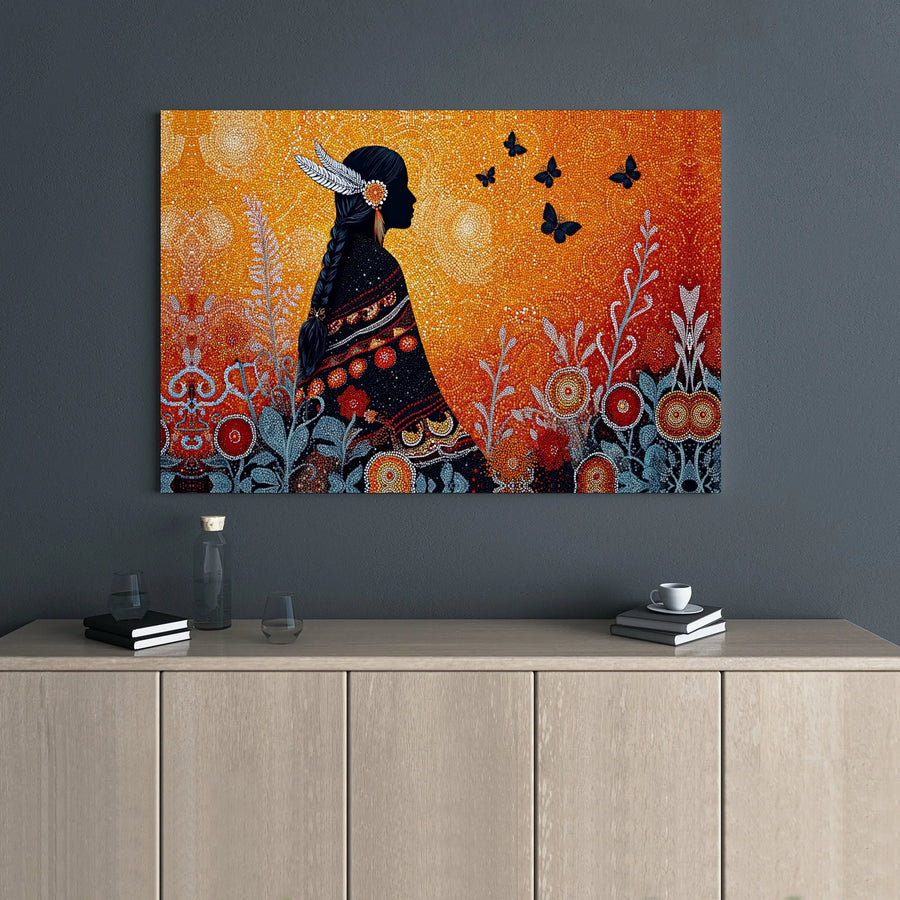Aboriginal Dot Art Canvas | Indigenous Woman and Butterfly Wall Decor | Premium 1.25-Inch Gallery Wrap | Spiritual Cultural Gift for Home