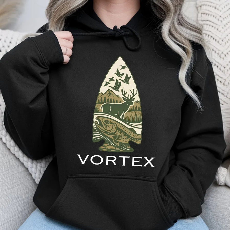 Arrowhead Deer Fishing Hoodie | Wilderness Outdoor Graphic Design | Premium Cotton Blend | Gift for Hunters and Anglers