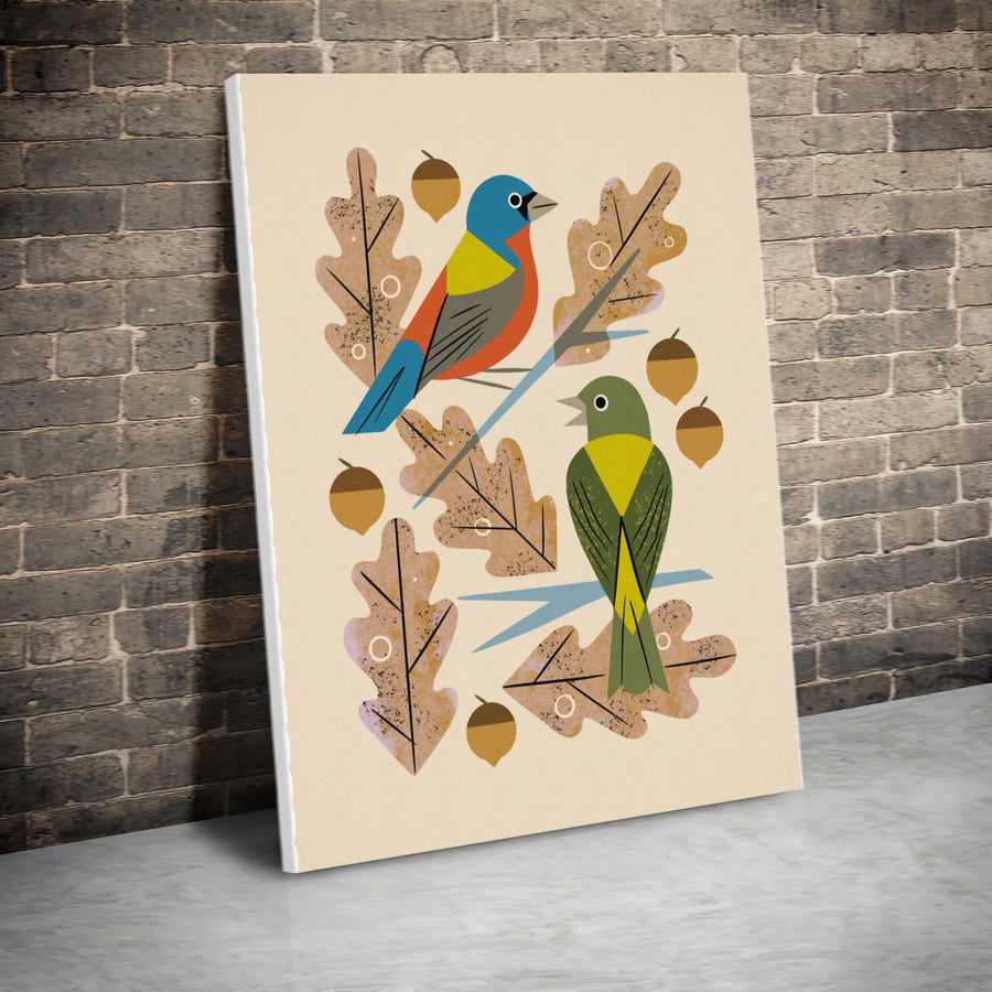 Painted Bunting Canvas Print | Modern Bird & Oak Leaf Artwork | Premium Gallery Wrap Canvas | Gift for Nature Lover & Home Decor