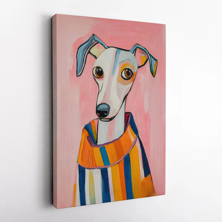 Pop Art Greyhound Canvas Wall Art | Colorful Dog in Striped Sweater | Premium Gallery Wrapped Canvas | Gift for Italian Greyhound Owner & Pet Lover