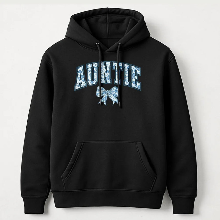 Auntie Hoodie | Cute Blue Floral Bow Design | Cozy Crewneck Pullover | Gift for New Aunt, Pregnancy Announcement