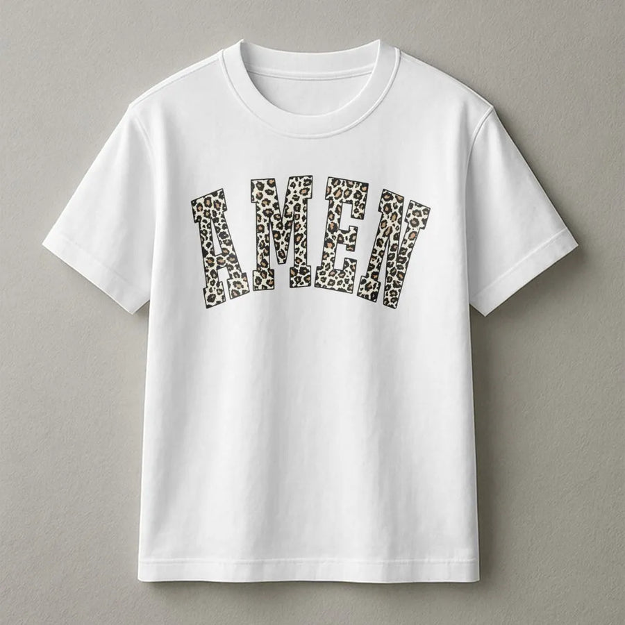 Amen T-Shirt | Leopard Print Varsity Letter Graphic | Premium Soft Cotton Tee | Christian Faith Gift for Women and Men