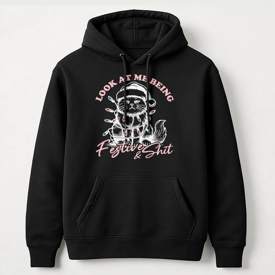 Funny Christmas Cat Hoodie | Festive Grumpy Kitten Graphic | Soft Cotton-Blend Premium Apparel | Sarcastic Holiday Gift for Cat Lovers
