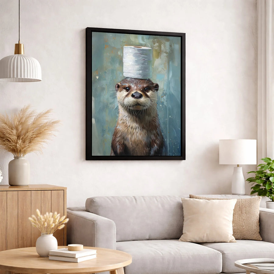 Otter With Toilet Paper Roll Canvas Wall Art | Whimsical Animal Oil Painting Style | Premium 1.25-inch Thick Gallery Wrap | Funny Bathroom Decor Gift
