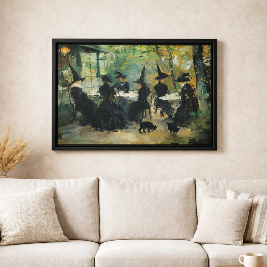Witches Having Tea Party Canvas Wall Art | Impressionist Black Cat Decor | Gallery Quality 1.25" Profile | Whimsical Gothic Home Gift