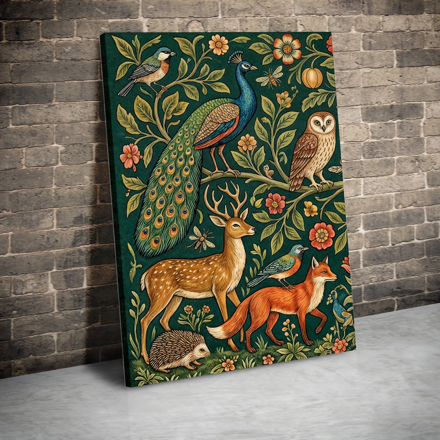 Woodland Animals Canvas Wall Art | Vintage Peacock Deer Fox Owl Print | Premium Gallery Wrapped Decor | Nature Lover Living Room Gift