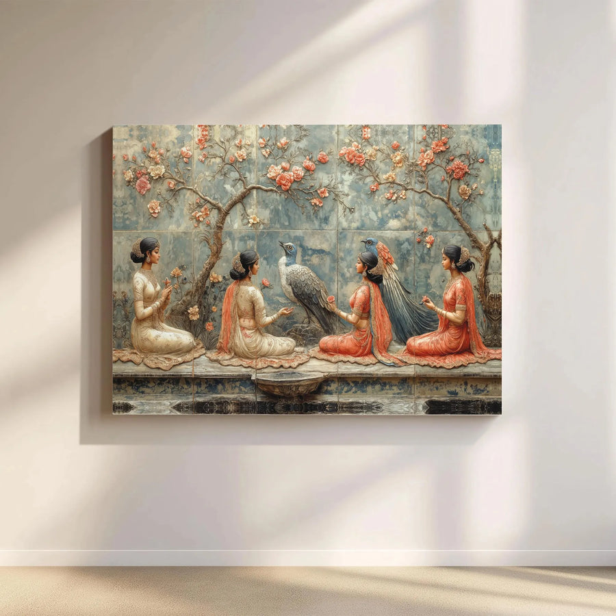 Traditional Indian Art Canvas Print | 3D Relief Style Mughal Garden Scene | Premium Gallery Wrapped Canvas | Cultural Home Decor Gift