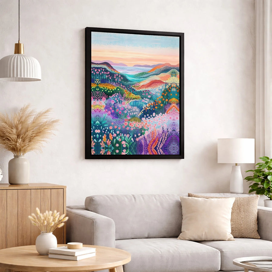 Vibrant Floral Landscape Canvas | Colorful Pointillism Rolling Hills Art | Premium Fade-Resistant Print | Gallery-Quality Home Wall Decor