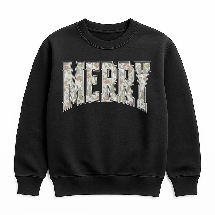 Merry Christmas Sweatshirt | Vintage Camo Lettering Graphic | Soft Cotton Blend Unisex Pullover | Holiday Party Gift For Family & Friends