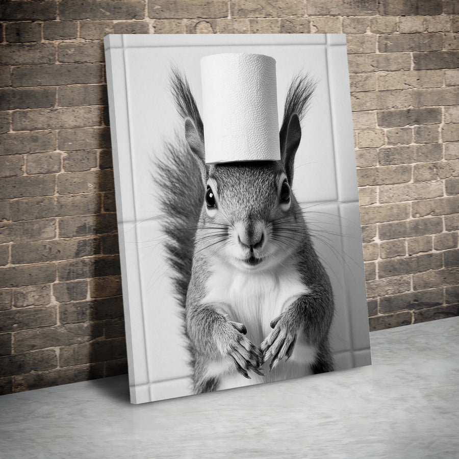 Funny Squirrel Toilet Paper Vertical Canvas | Black and White Animal Photography | Premium Gallery Wrapped Wall Art | Unique Bathroom Decor Gift