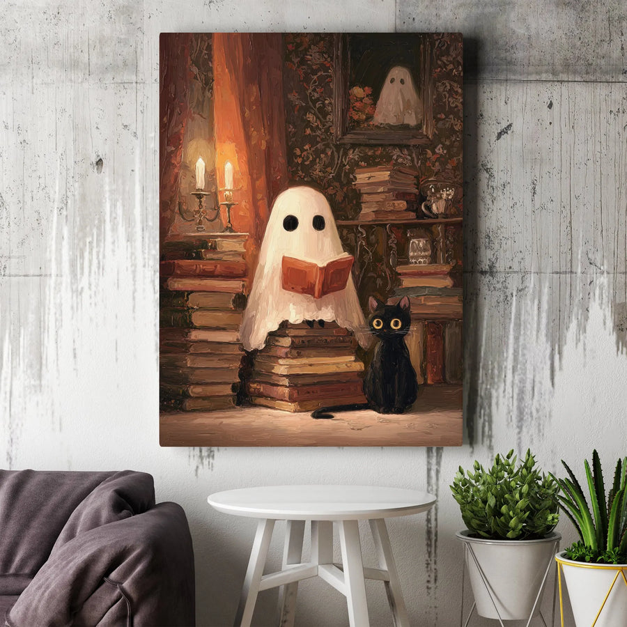 Ghost Reading Book Canvas Wall Art | Whimsical Library Black Cat Print | Gallery Quality Home Decor | Spooky Autumn Aesthetic Gift for Readers